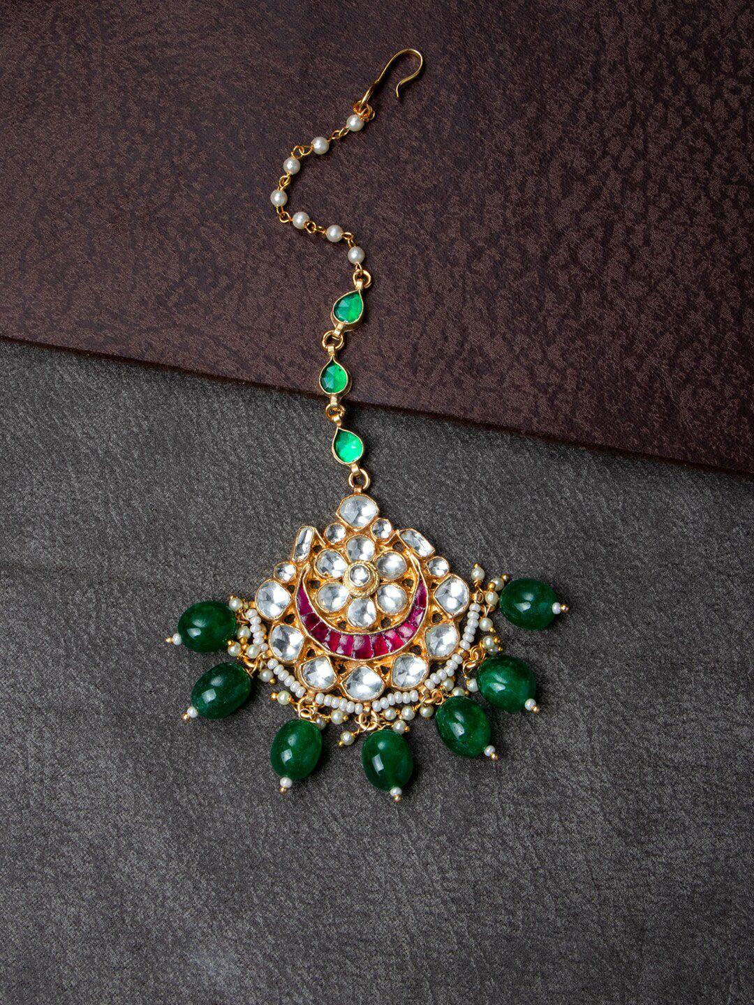 morkanth jewellery gold-plated green & white kundan-studded beaded handcrafted maang tikka