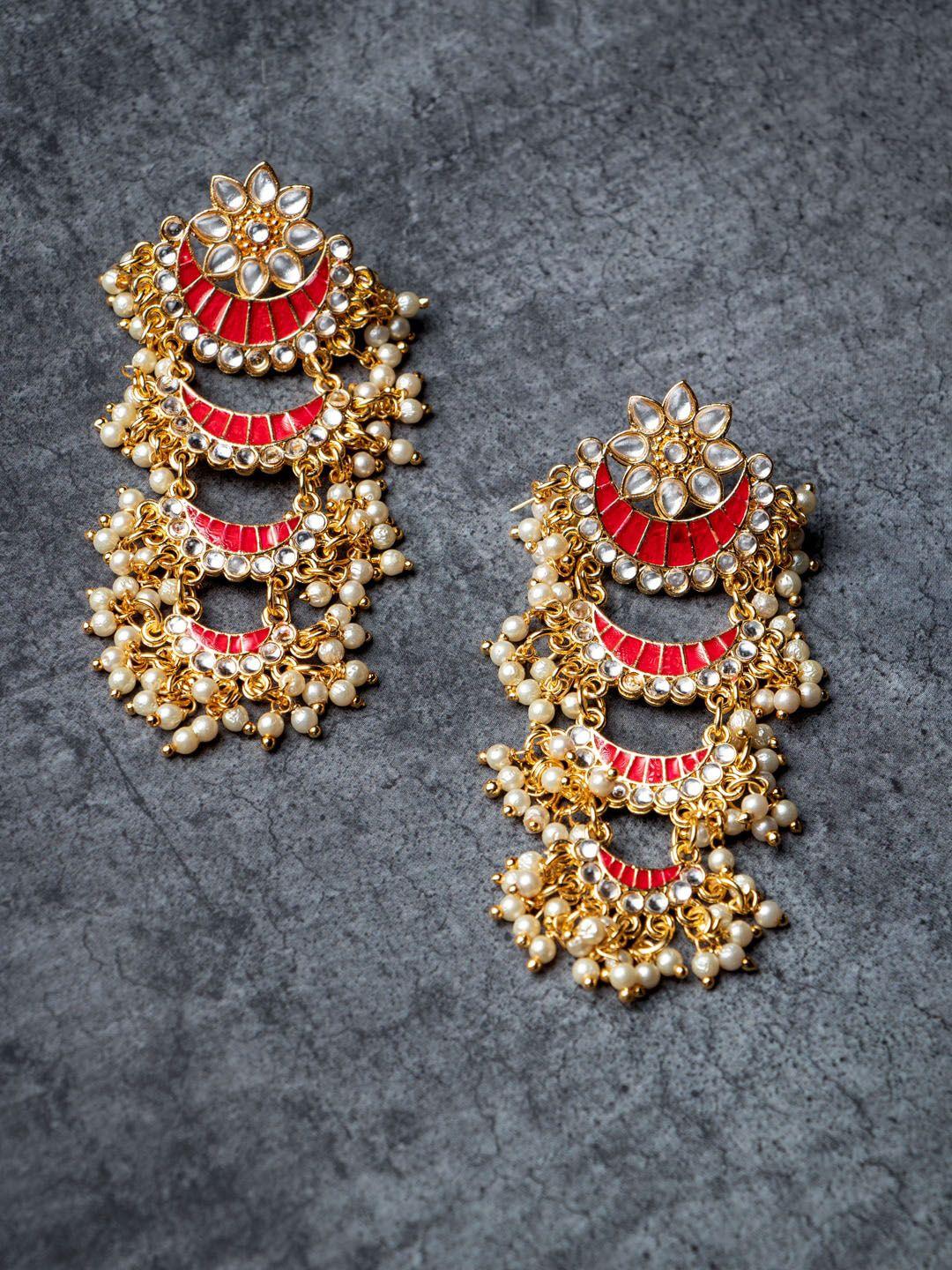 morkanth jewellery gold-toned pink enamel kundan studded & pearl beaded chandbali earrings