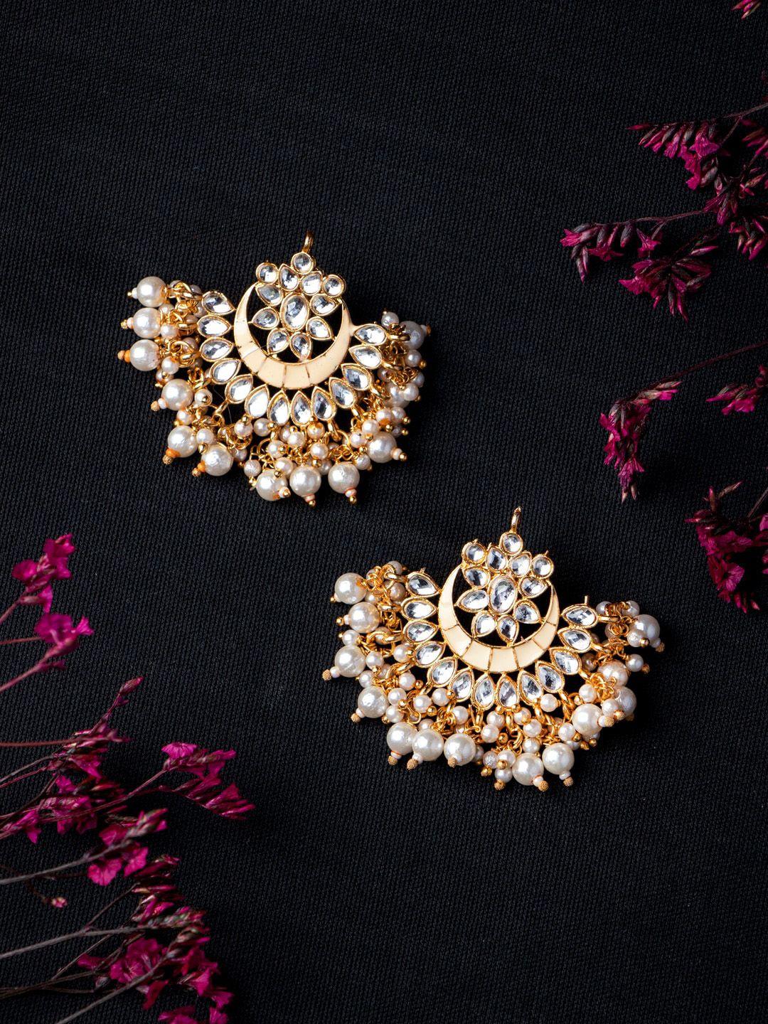 morkanth jewellery peach coloured & gold-plated kundan studded chandbalis earrings