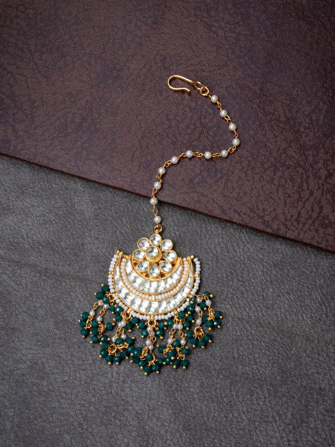 morkanth jewellery women gold plated green & white kundan-studded beaded maang tikka