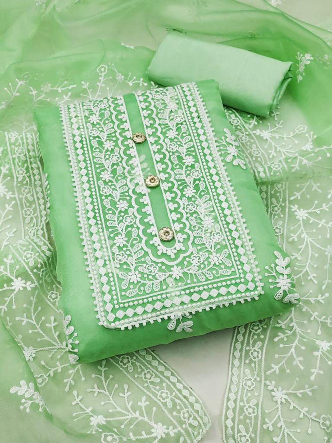 morly lime green & white embroidered organza unstitched dress material