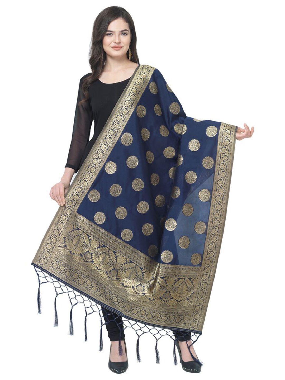 morly navy blue & gold-toned woven design cotton silk dupatta with zari
