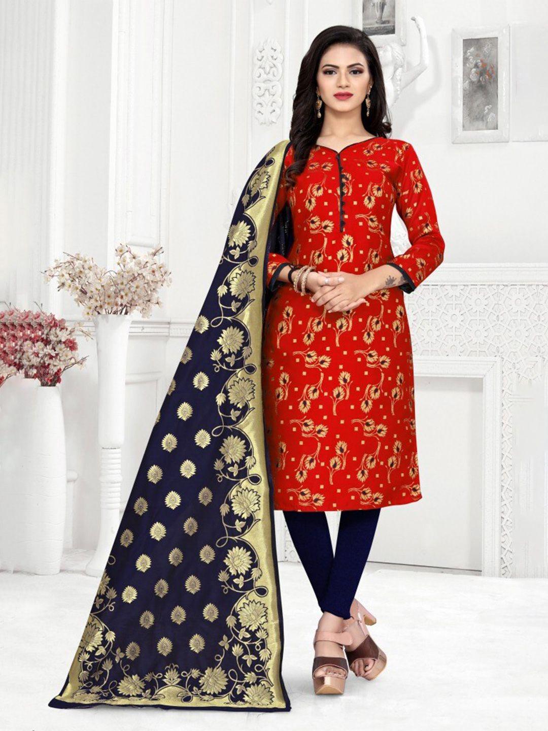 morly red & navy blue dupion silk banarasi unstitched dress material