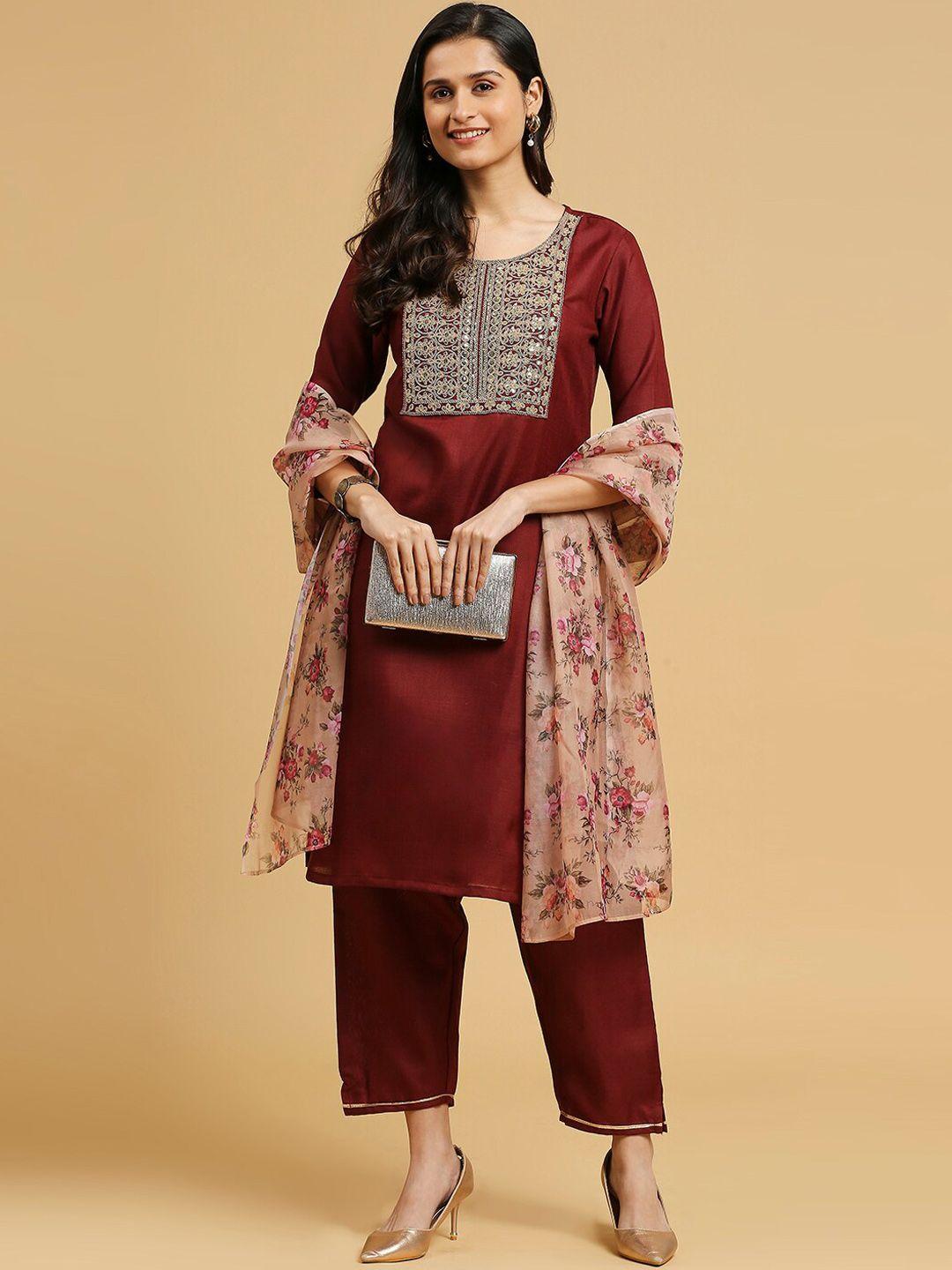 morly round neck floral print sequined straight kurta with trousers & dupatta
