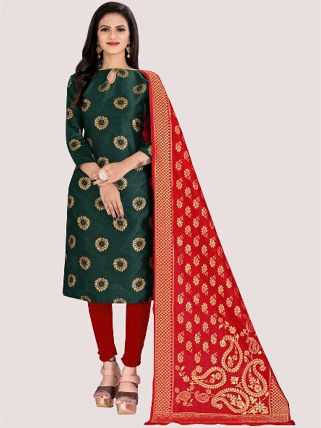 morly women  green & red dupion silk unstitched dress material