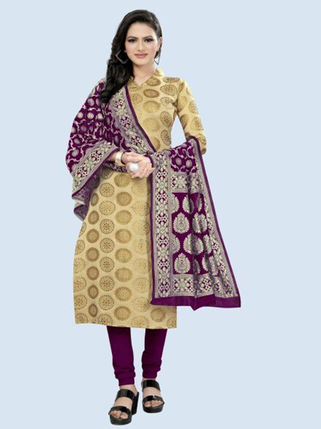 morly women beige & purple dupion silk unstitched dress material