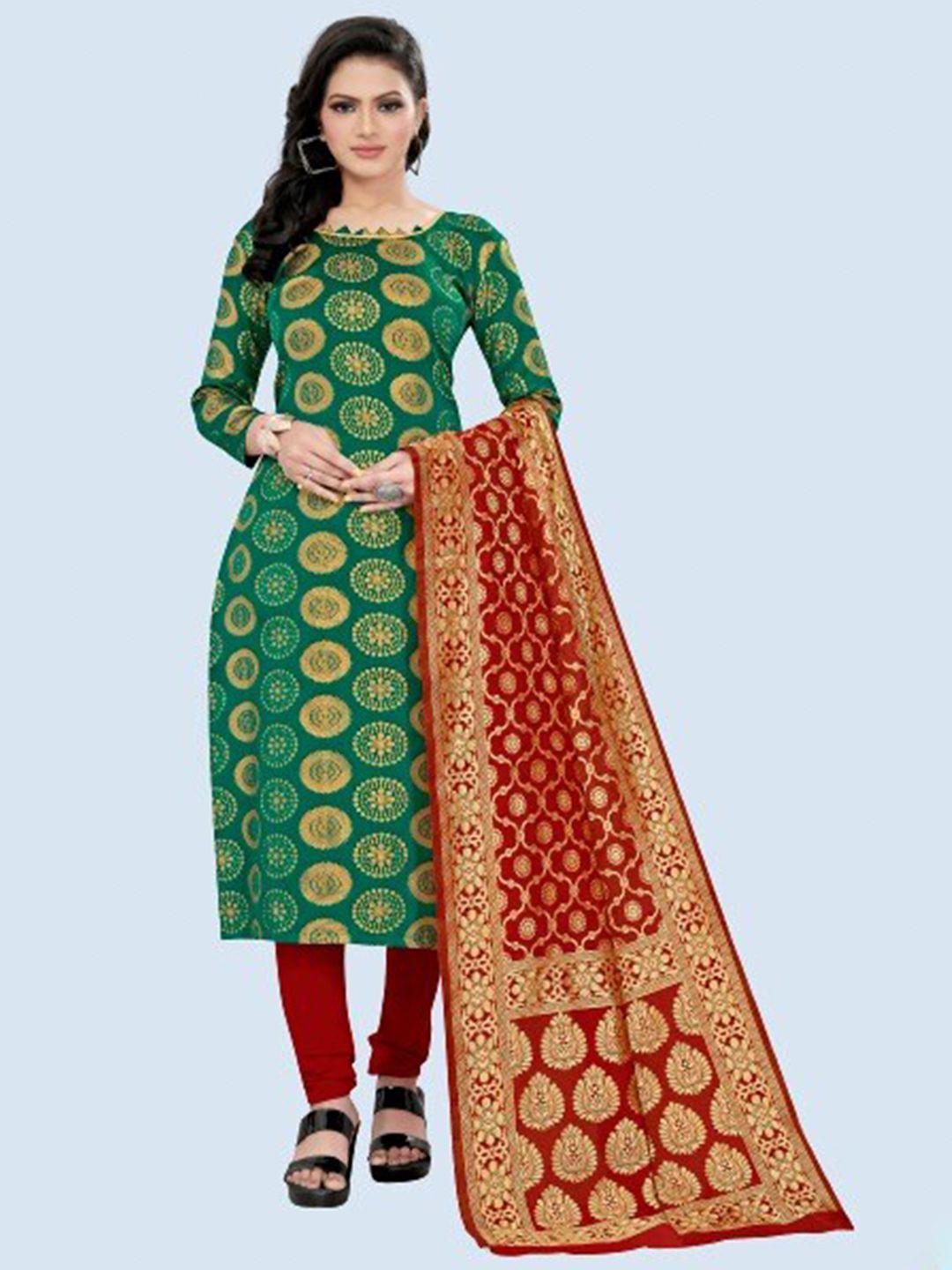 morly women green & red dupion silk unstitched dress material