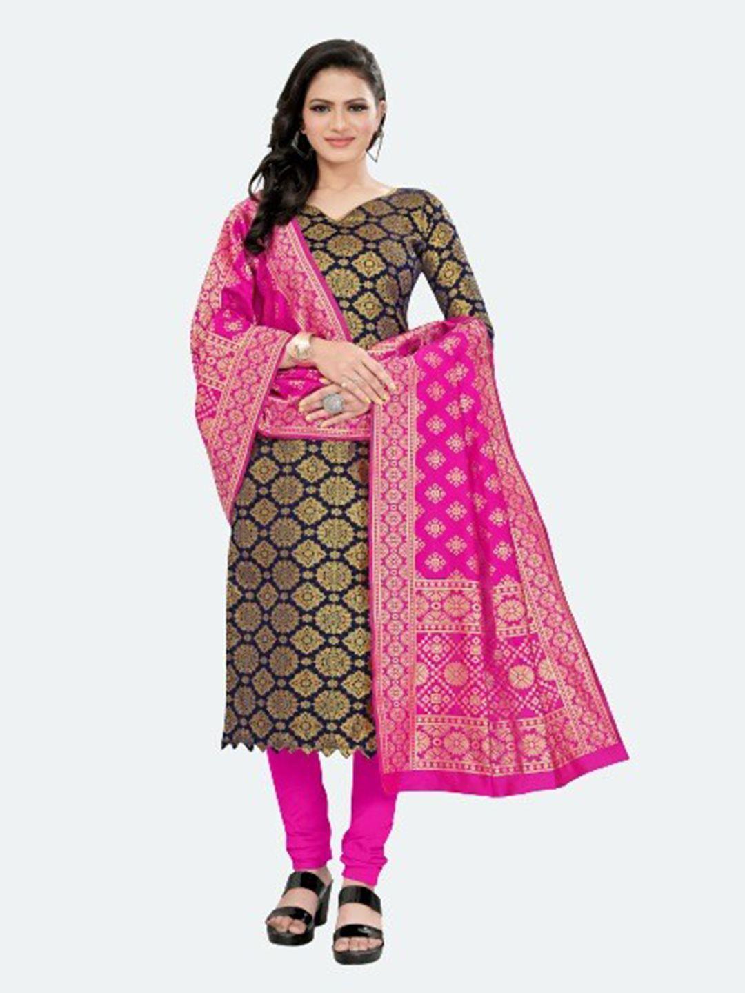 morly women navy blue & pink dupion silk unstitched dress material