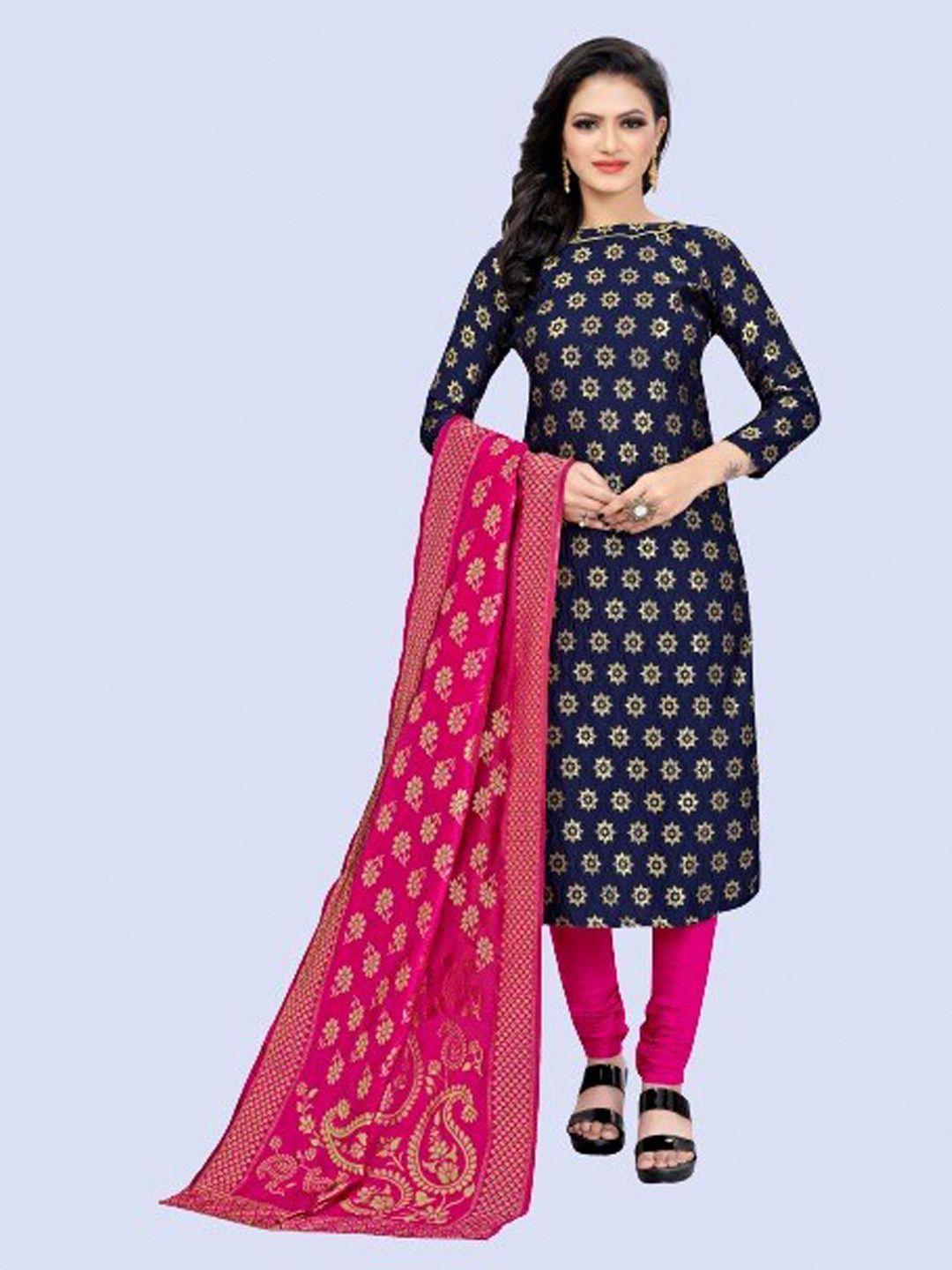 morly women navy blue & pink dupion silk unstitched dress material