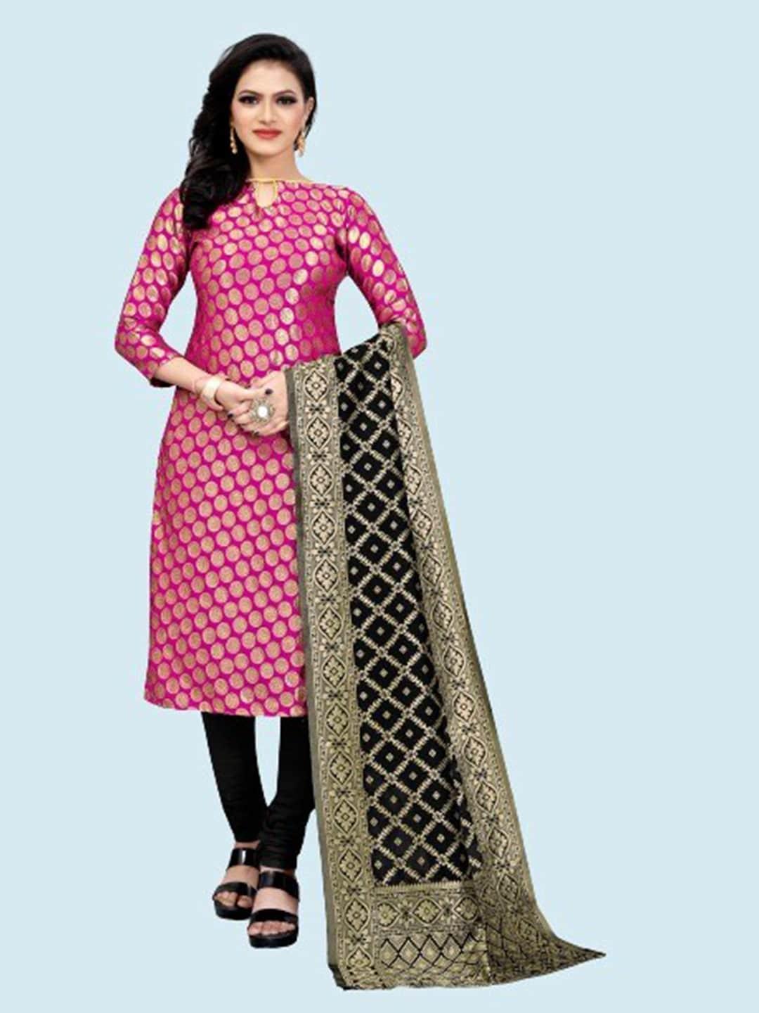 morly women pink & black dupion silk unstitched dress material