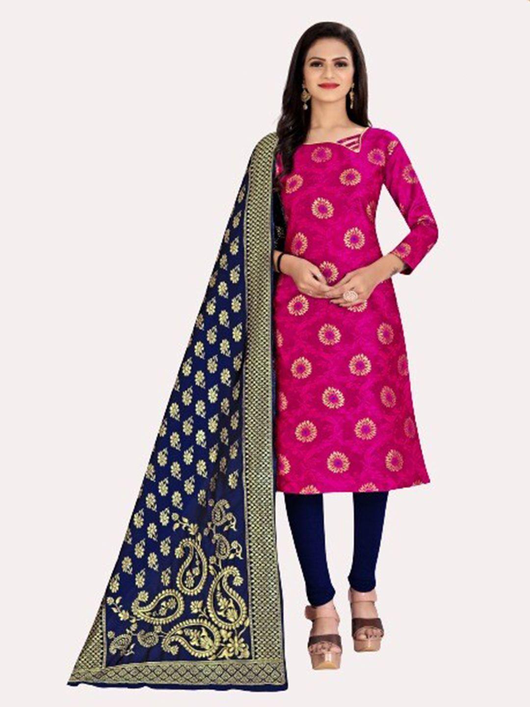 morly women pink & navy blue dupion silk unstitched dress material