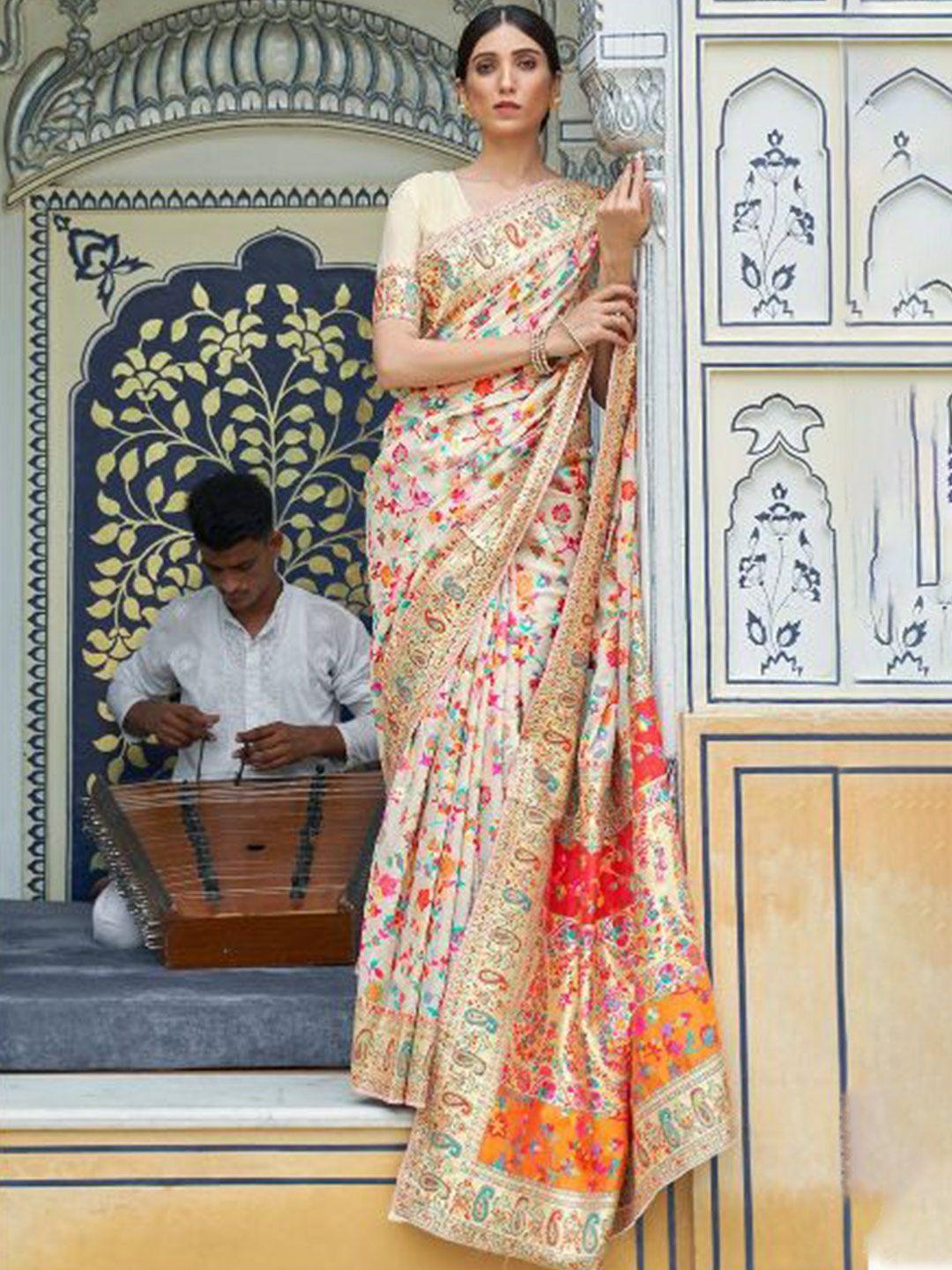 morly cream-coloured & pink woven design zari silk blend kanjeevaram saree