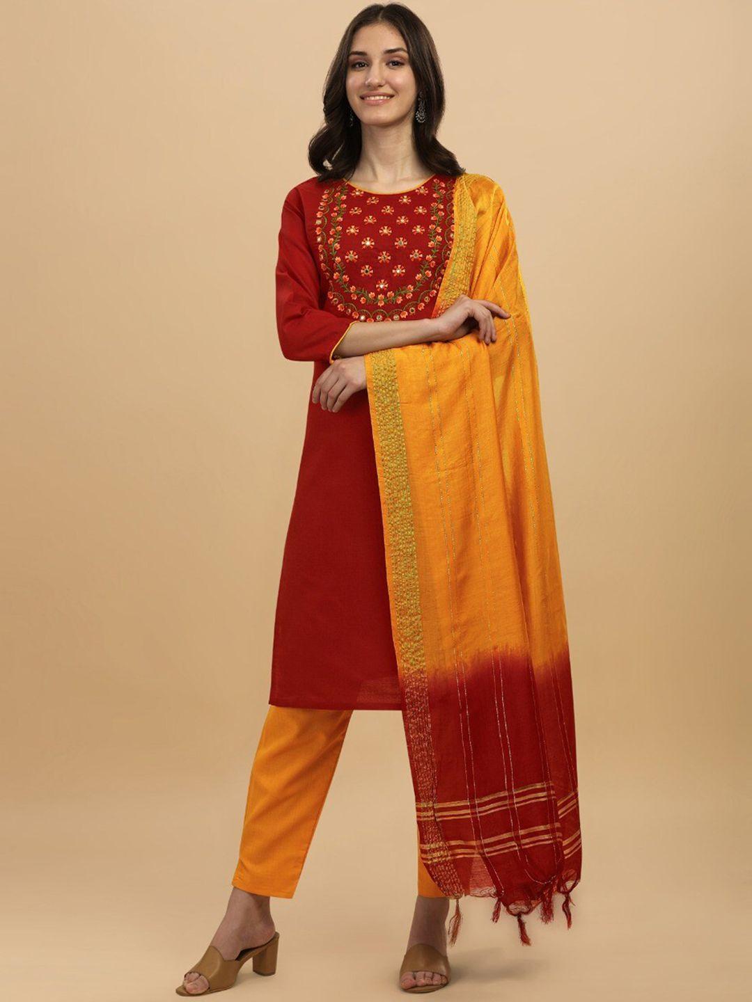 morly floral embroidered yoke design kurta with trousers & dupatta