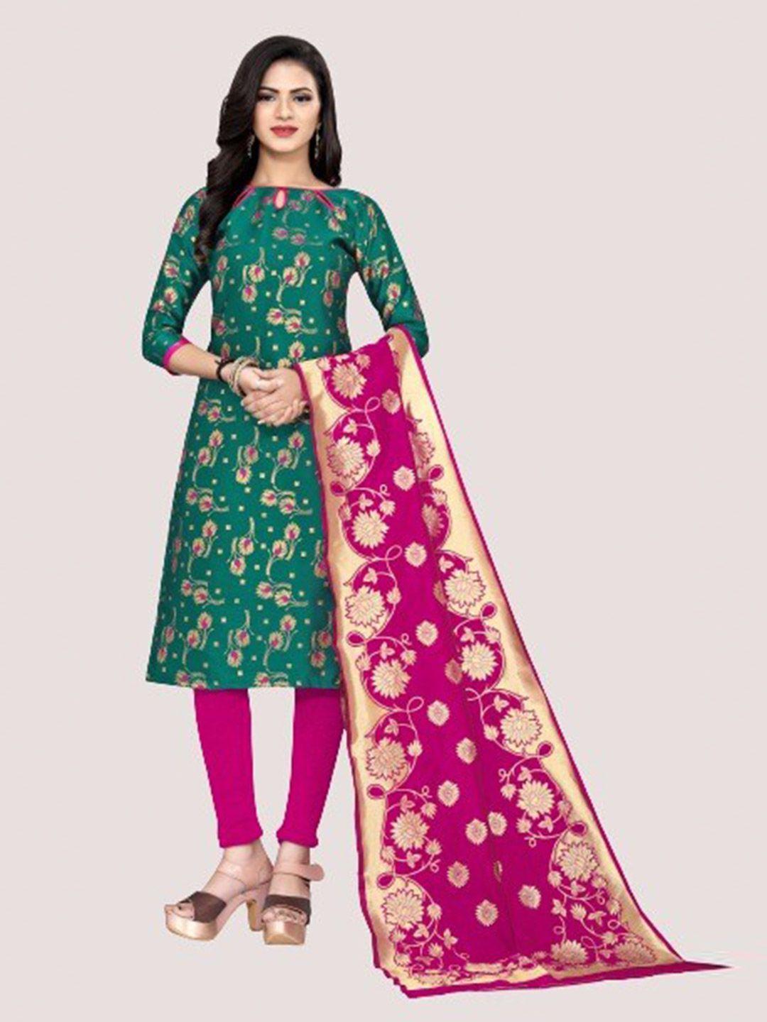 morly green & pink  printed banarasi jacquard unstitched dress material