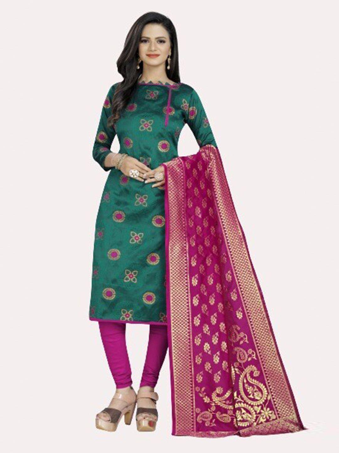 morly green & pink dupion silk unstitched dress material