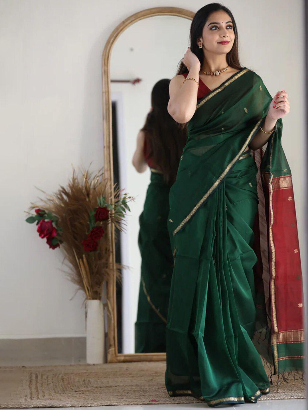 morly green & red woven design zari silk blend kanjeevaram saree