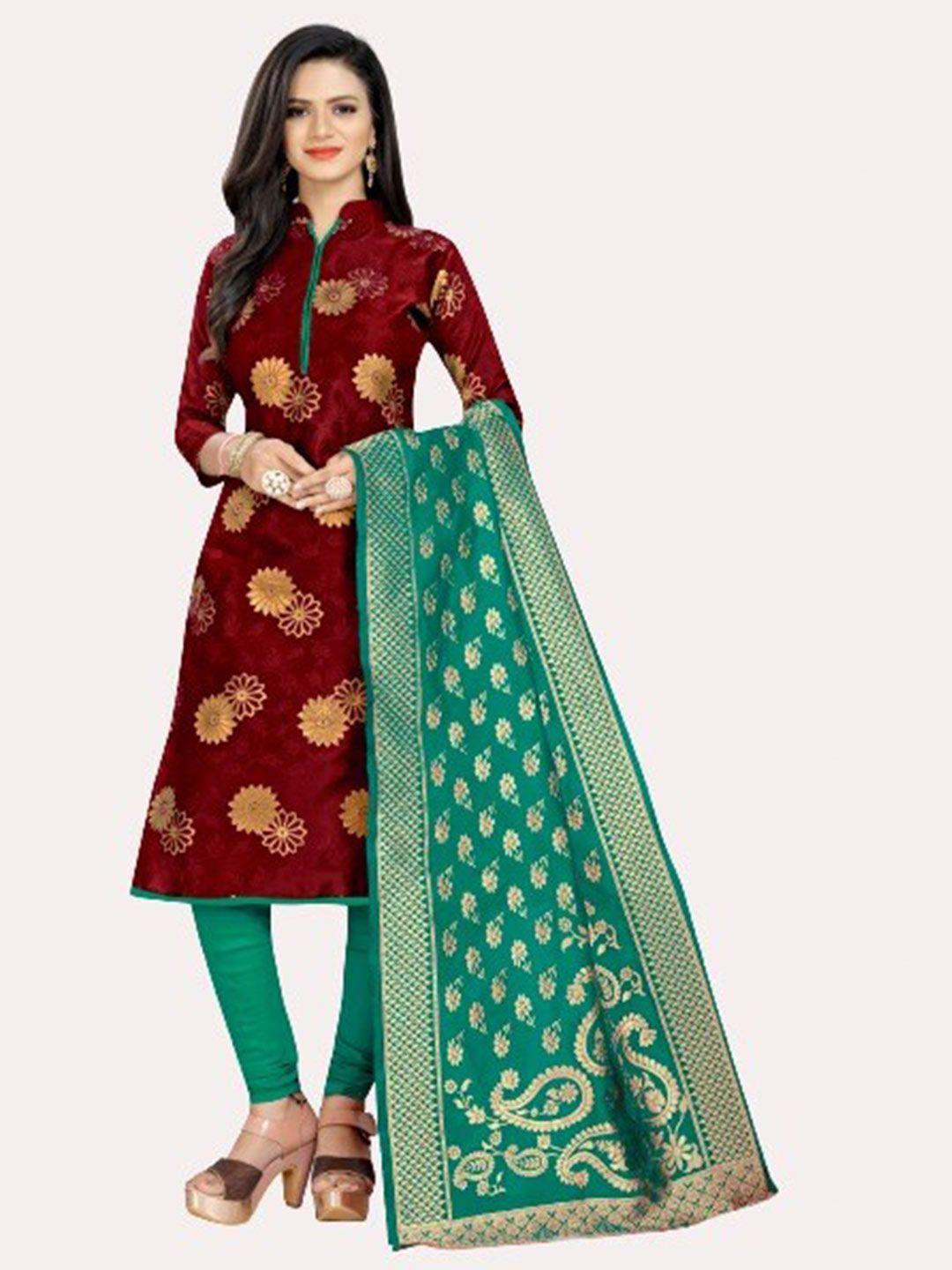 morly maroon & blue dupion silk unstitched dress material