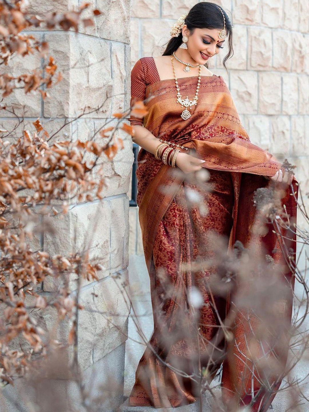 morly maroon & gold-toned woven design zari silk blend kanjeevaram saree