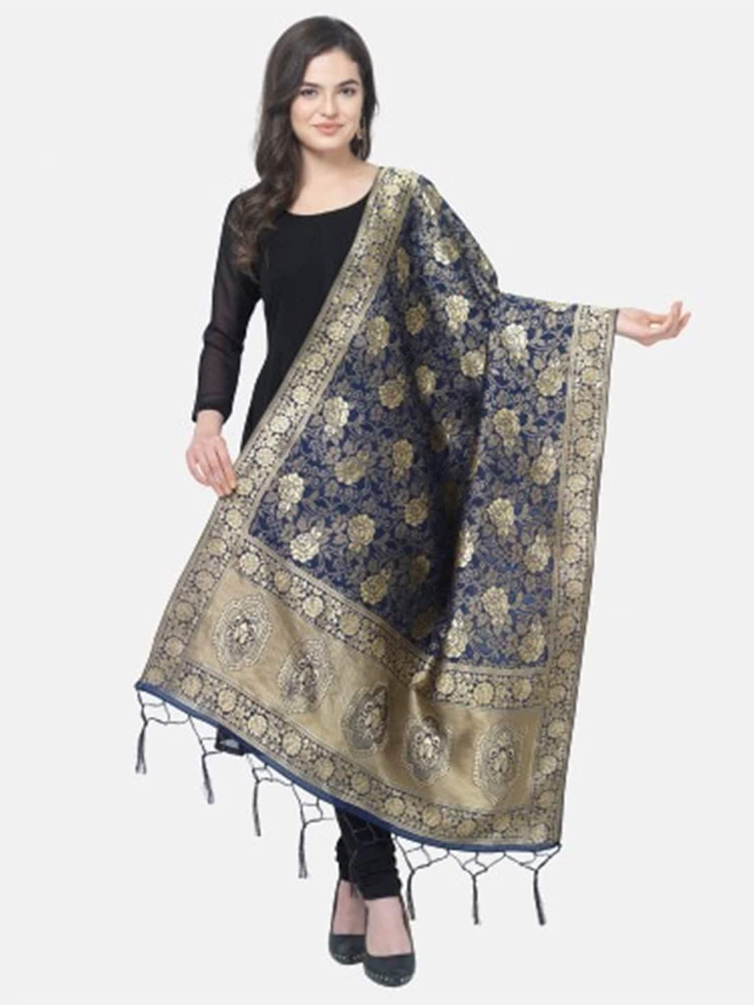 morly navy blue & gold-toned woven design cotton silk dupatta with zari