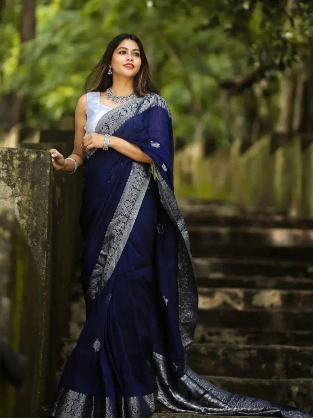 morly navy blue & silver-toned woven design zari silk blend kanjeevaram saree