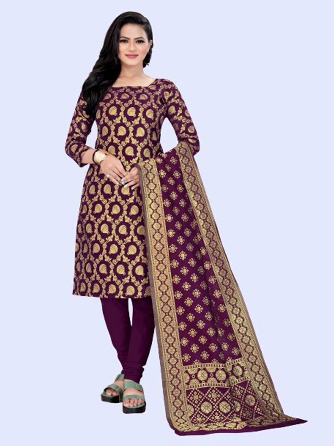morly purple & gold-toned dupion silk unstitched dress material