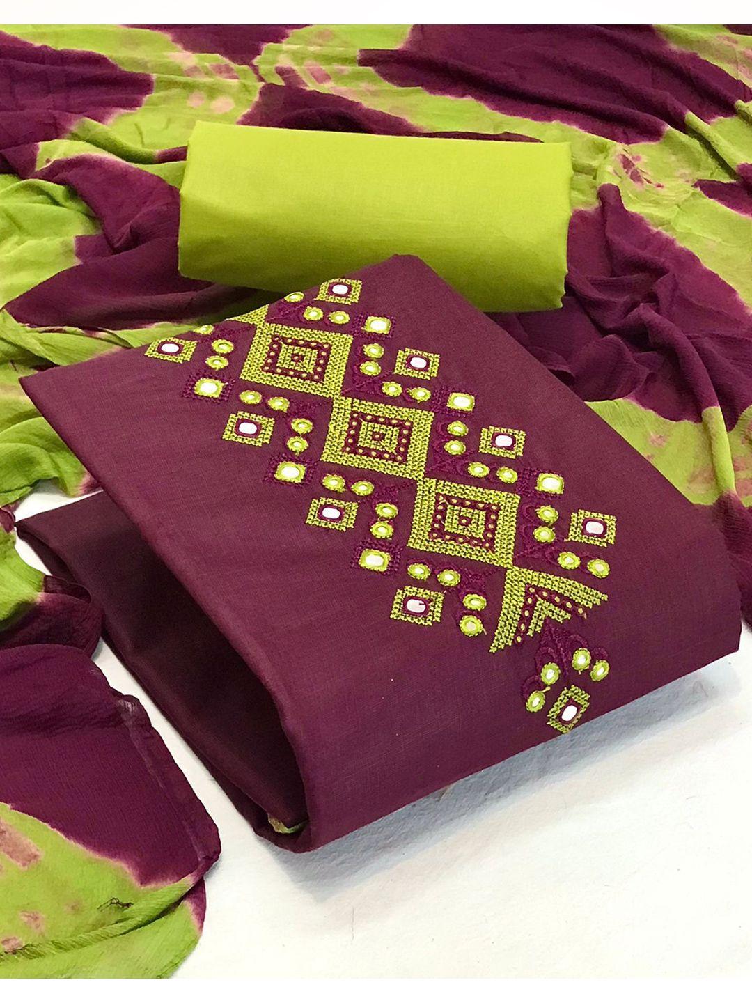 morly purple & lime green embroidered unstitched dress material