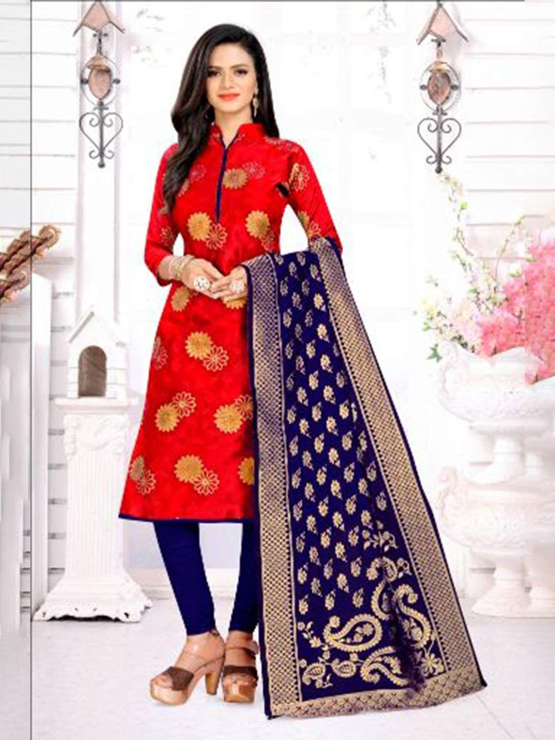 morly red & blue dupion silk banarasi unstitched dress material