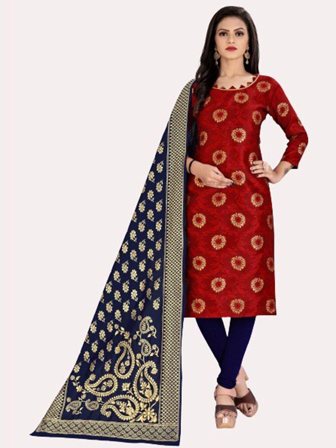 morly red & navy blue dupion silk unstitched dress material