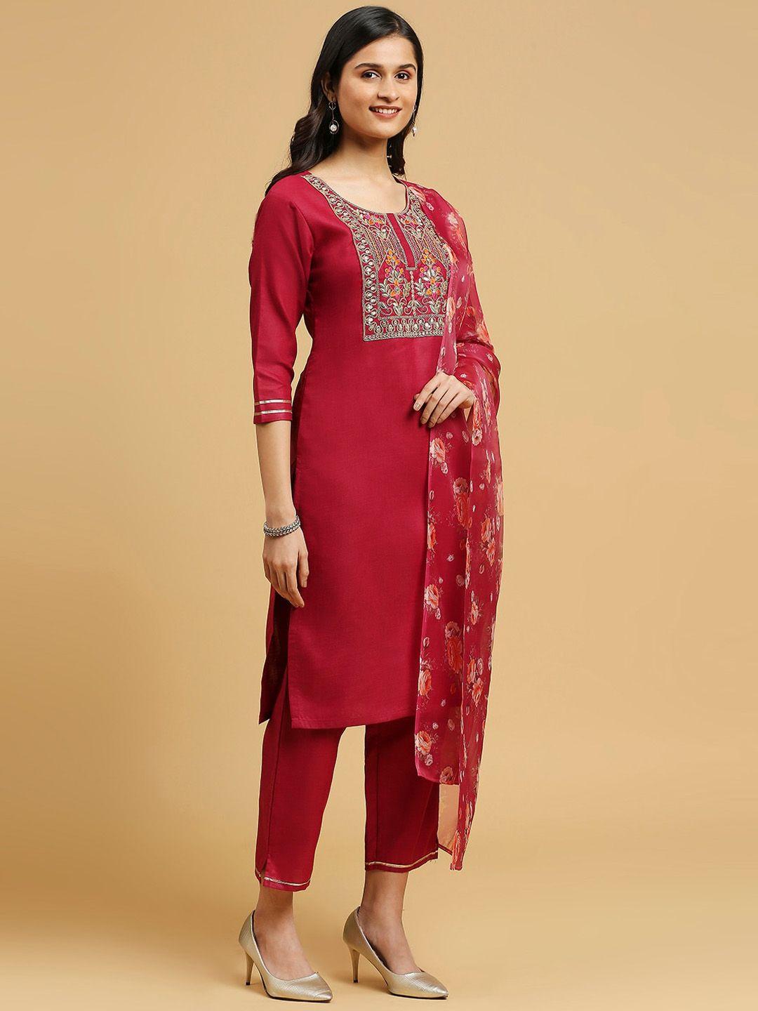 morly round neck floral print thread work straight kurta with trousers & dupatta