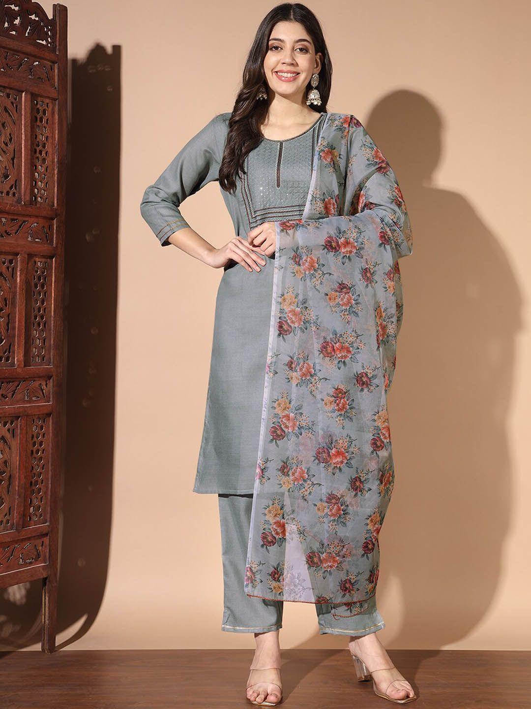 morly round neck geometric yoke design floral print straight kurta with trousers & dupatta