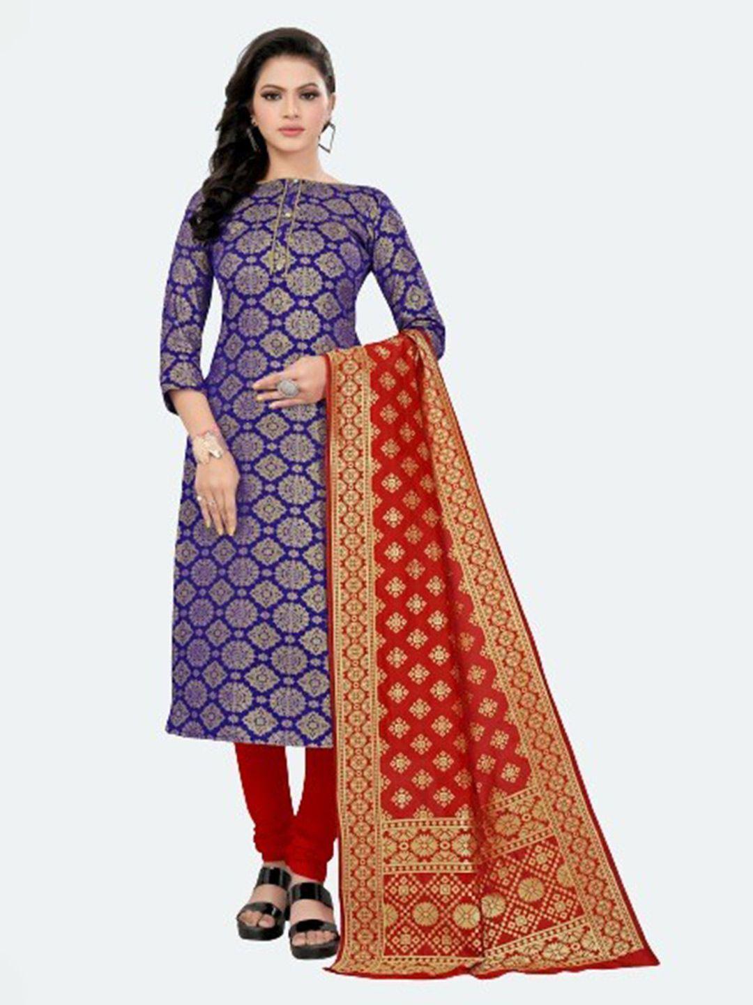morly turquoise blue & red dupion silk unstitched dress material