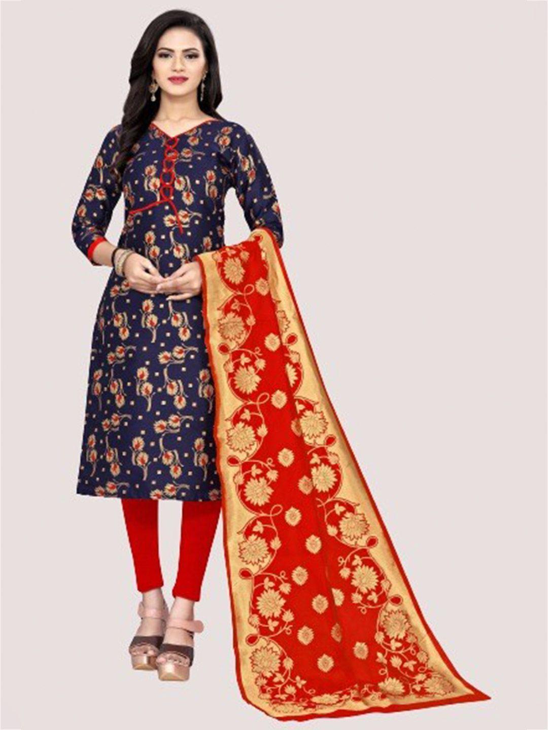 morly women blue & red dupion silk unstitched dress material