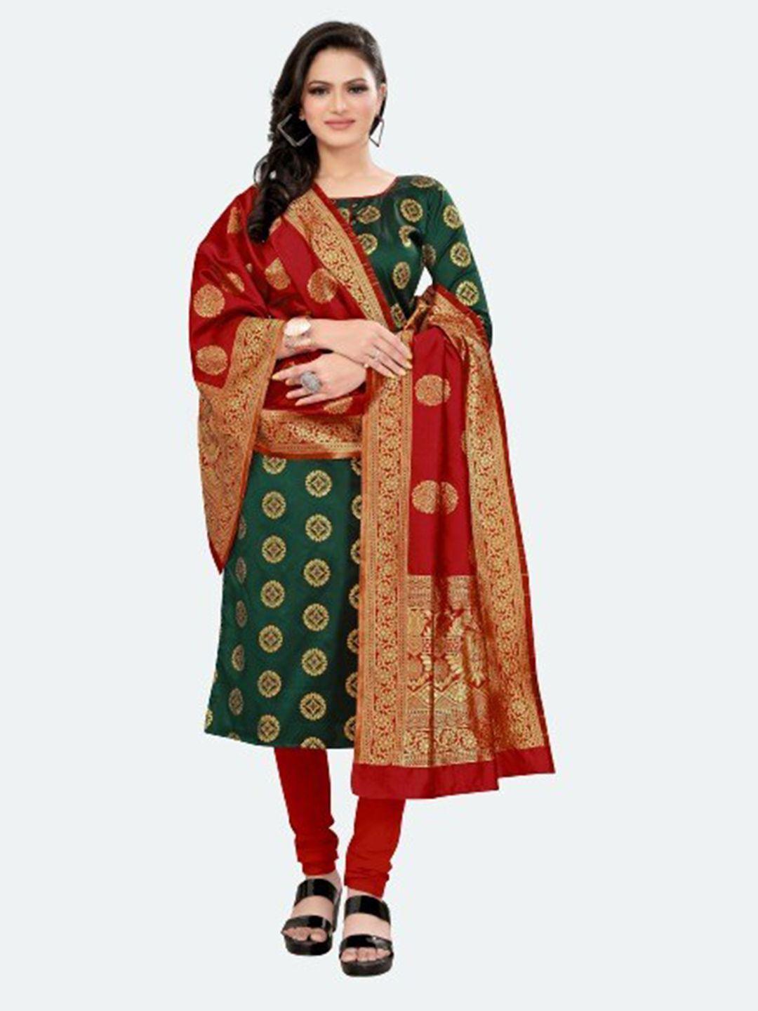 morly women green & maroon dupion silk unstitched dress material