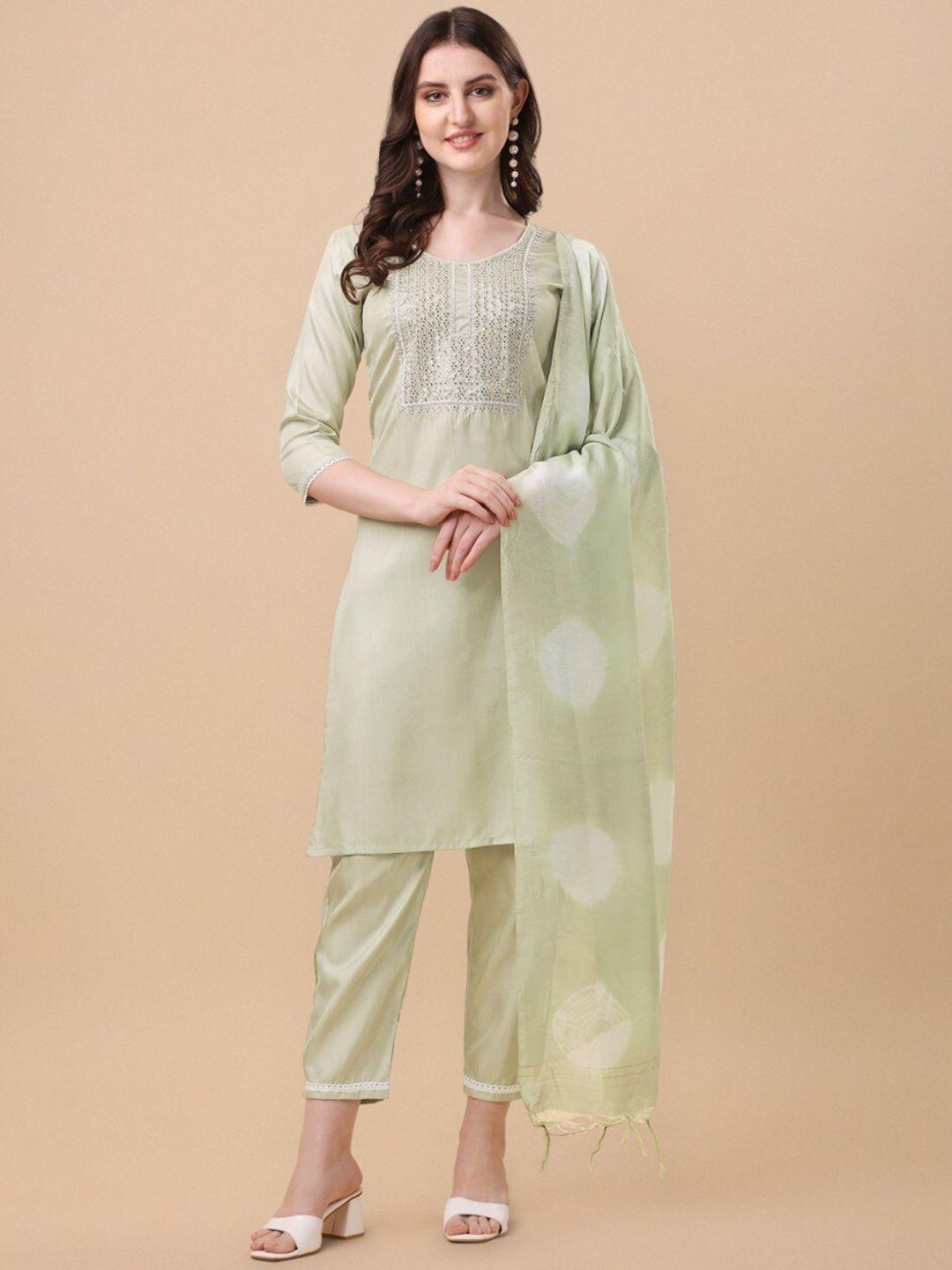 morly women green floral embroidered kurta with trousers with dupatta