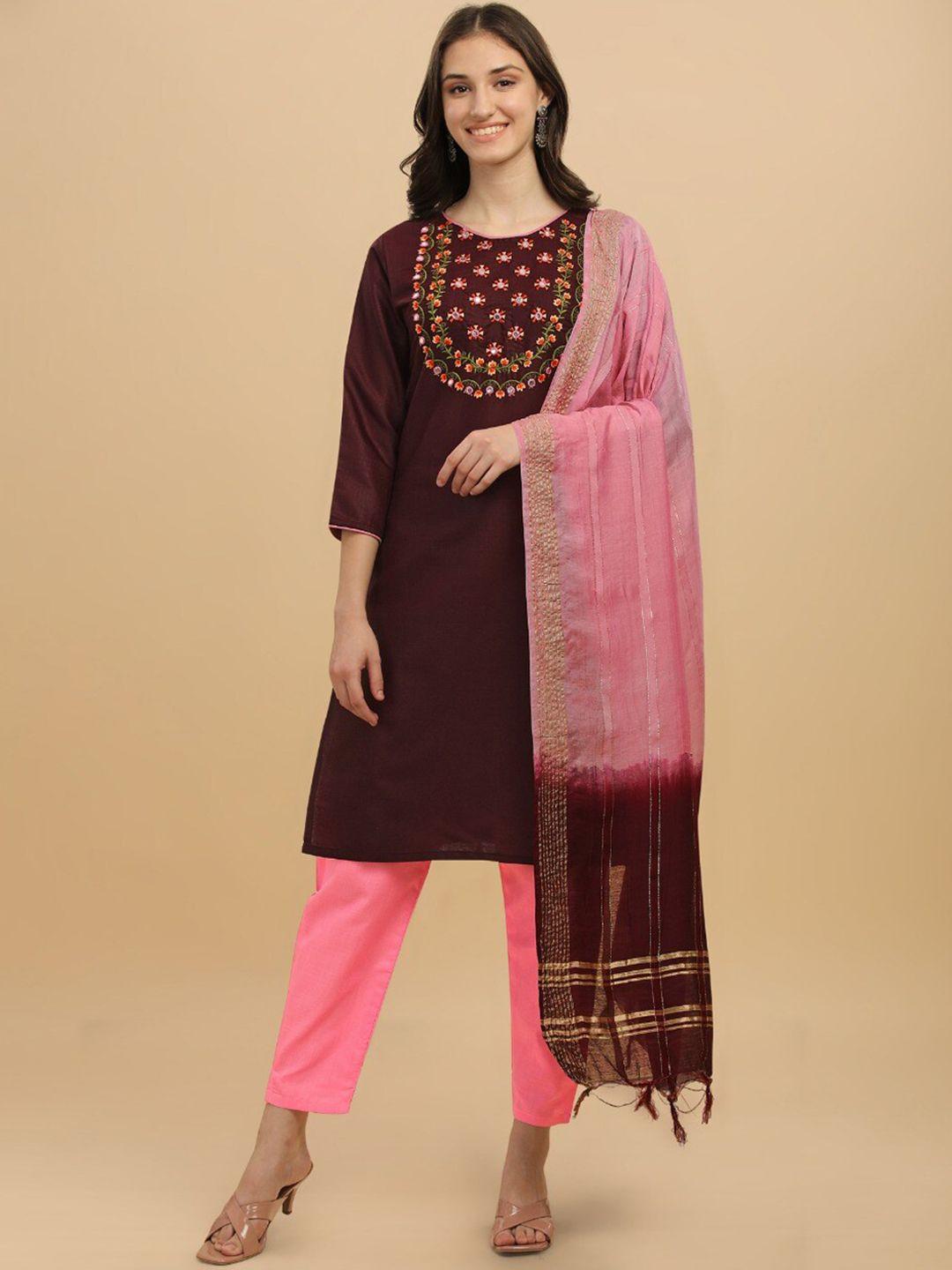 morly women maroon floral embroidered thread work kurta with trousers & with dupatta