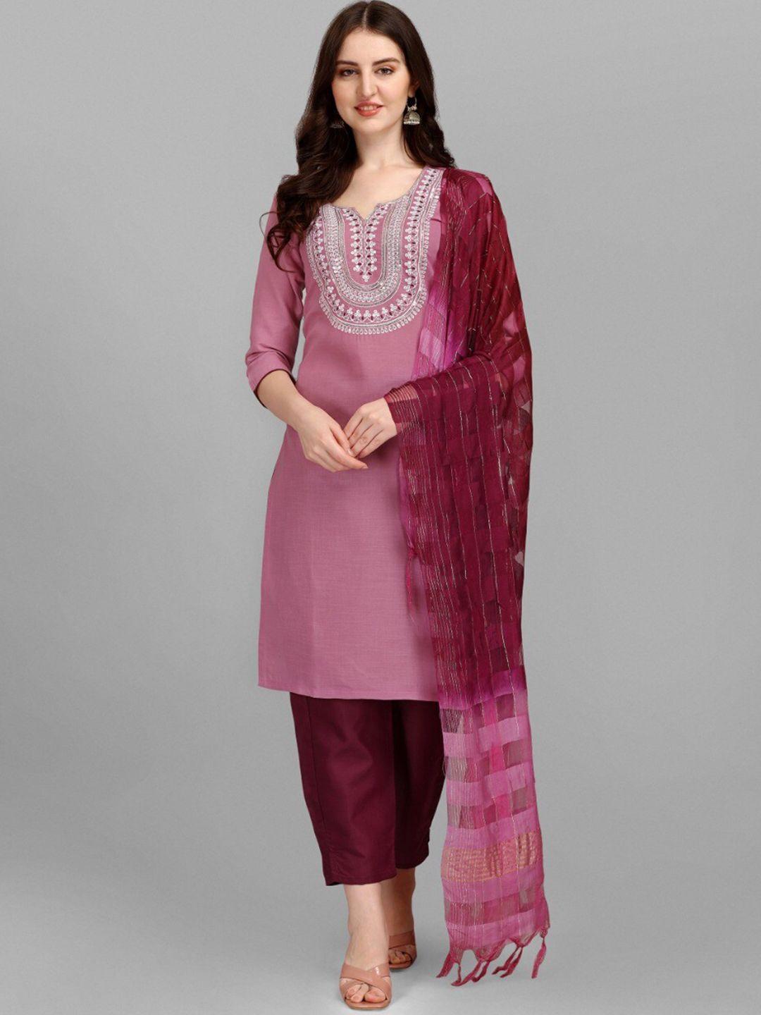 morly women pink embroidered kurti with trousers & with dupatta
