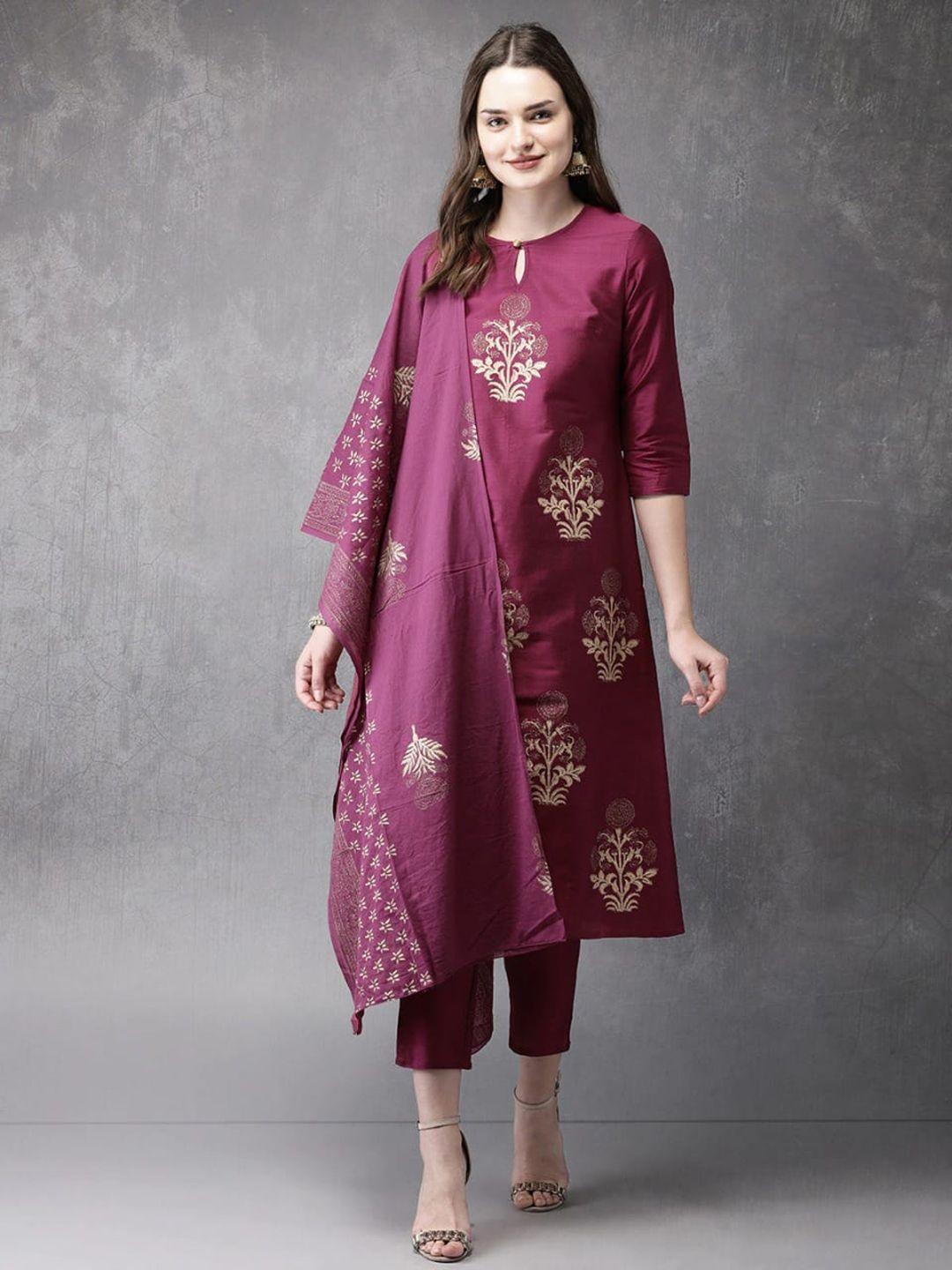 morly women purple floral printed kurta with trousers & with dupatta