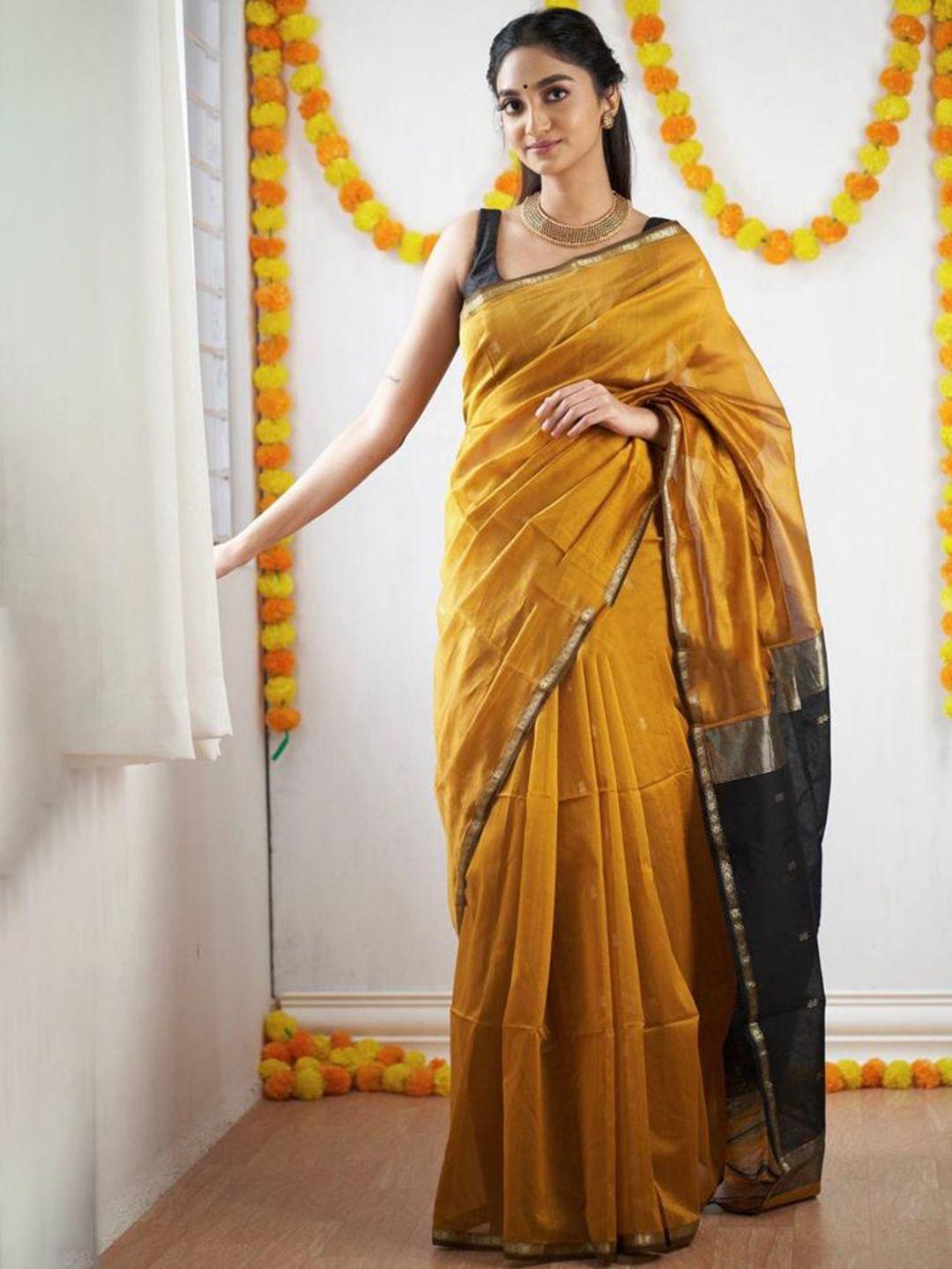 morly yellow & black woven design zari silk blend kanjeevaram saree
