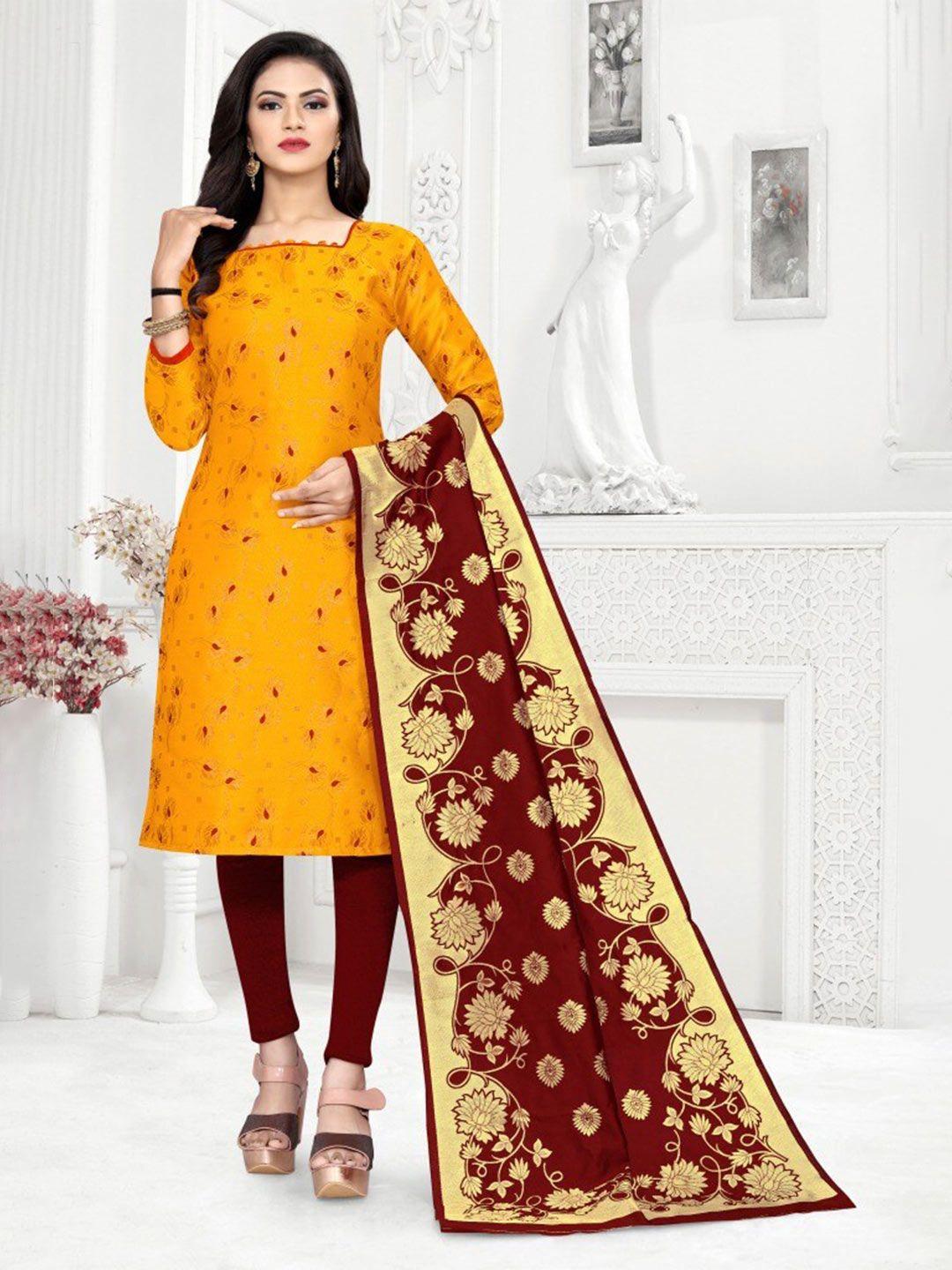 morly yellow & maroon dupion silk banarasi unstitched dress material