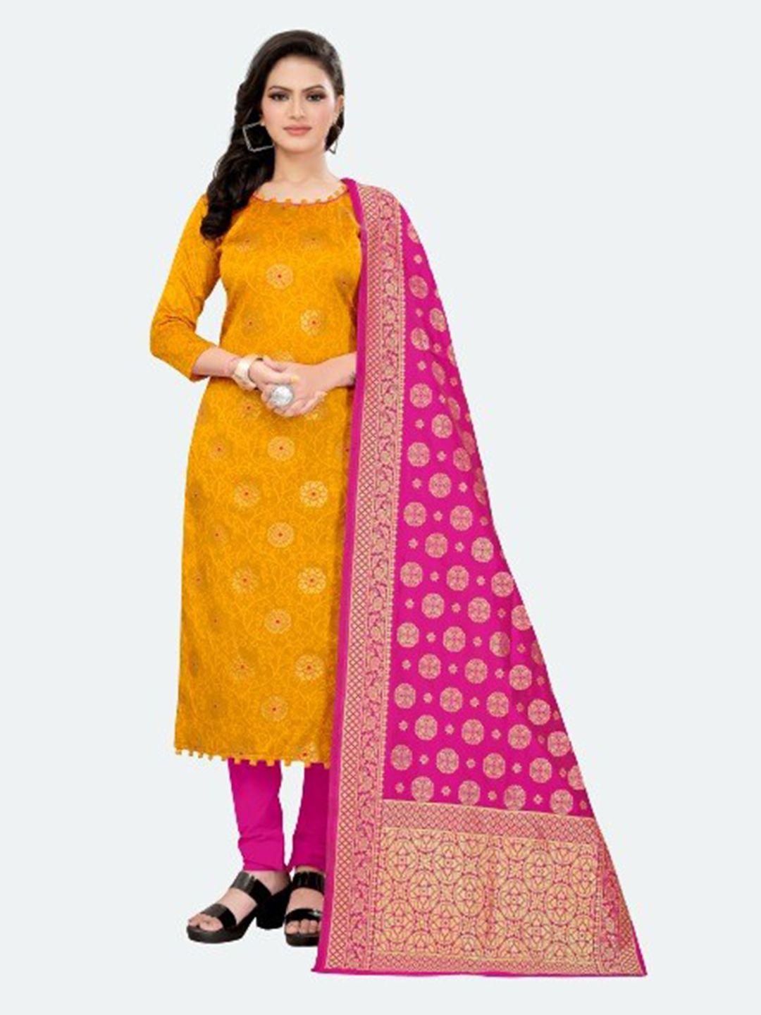 morly yellow & pink dupion silk unstitched dress material