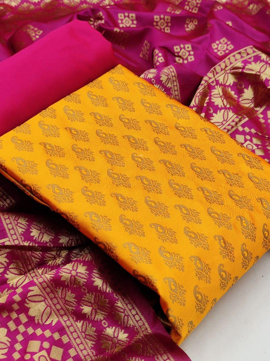 morly yellow & pink dupion silk unstitched dress material