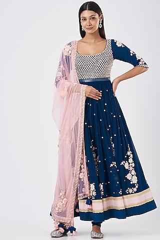 moroccan blue embroidered anarkali set