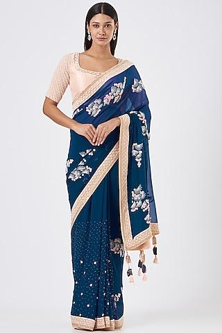 moroccan blue hand embroidered saree set