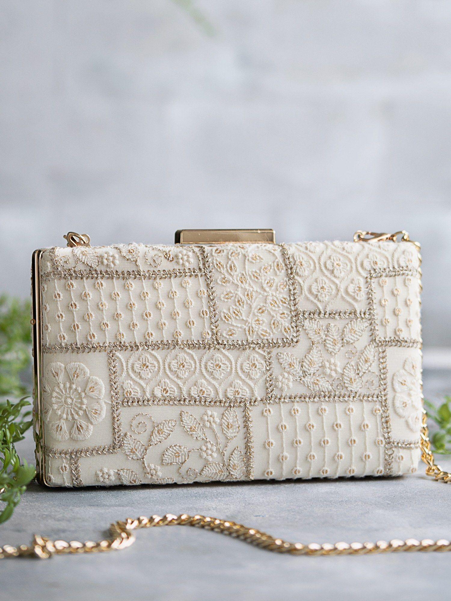 mosaic luxe embroidered clutch white