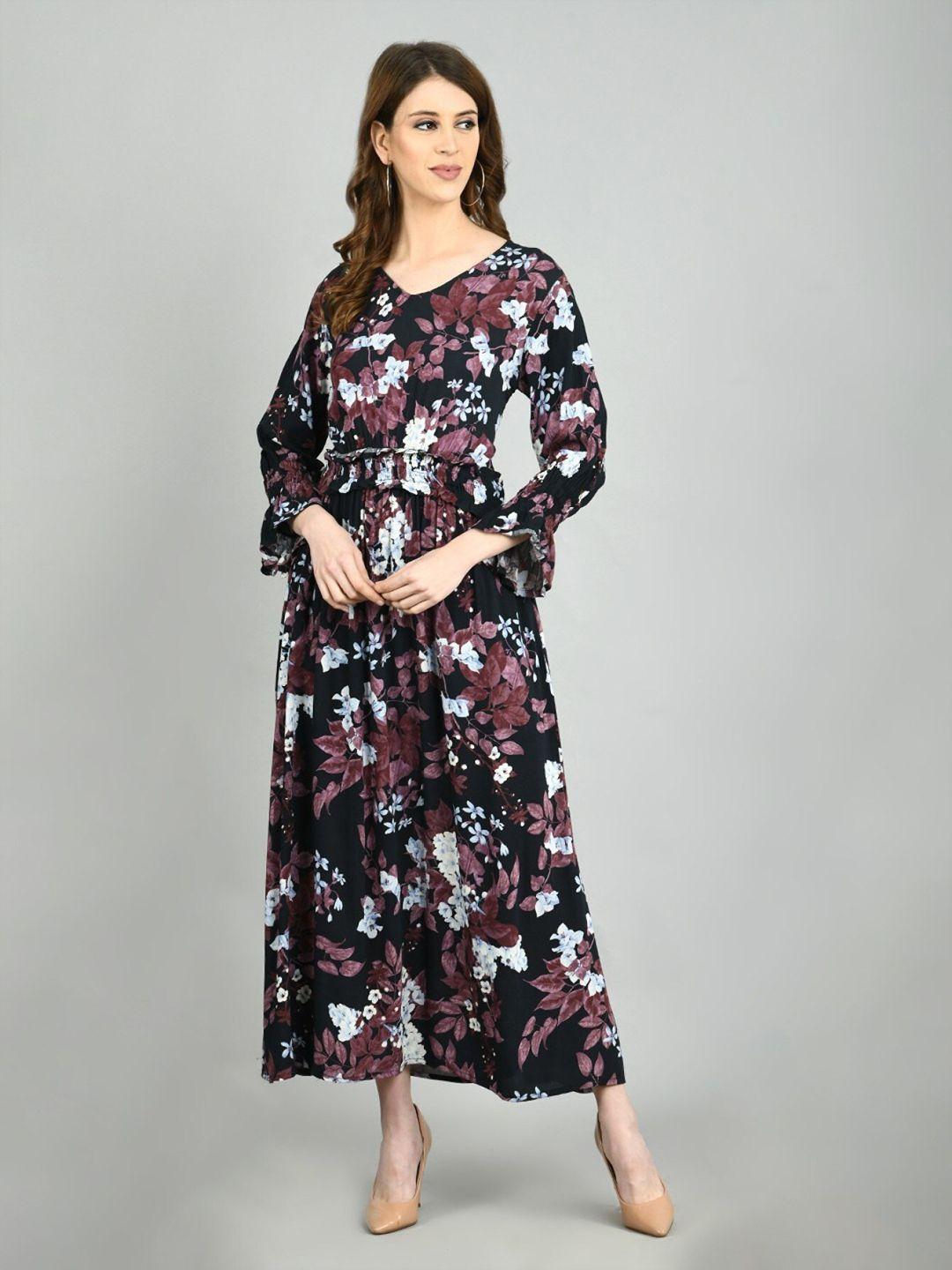 moshe black floral printed bell sleeve fit & flare midi dress