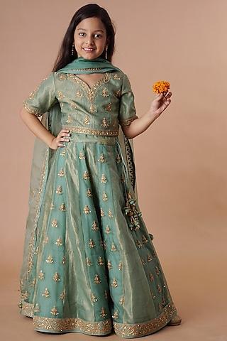 moss green chanderi & dhari tissue embroidered lehenga set for girls