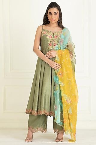 moss green chanderi embroidered anarkali set