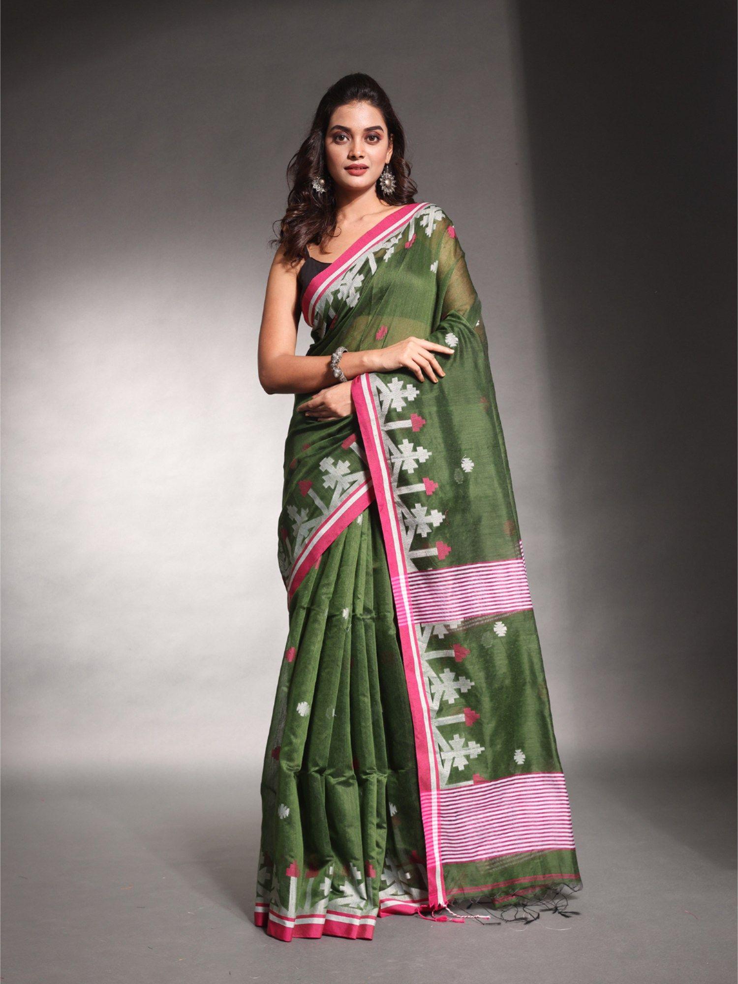 moss green cotton silk saree with unstitched blouse