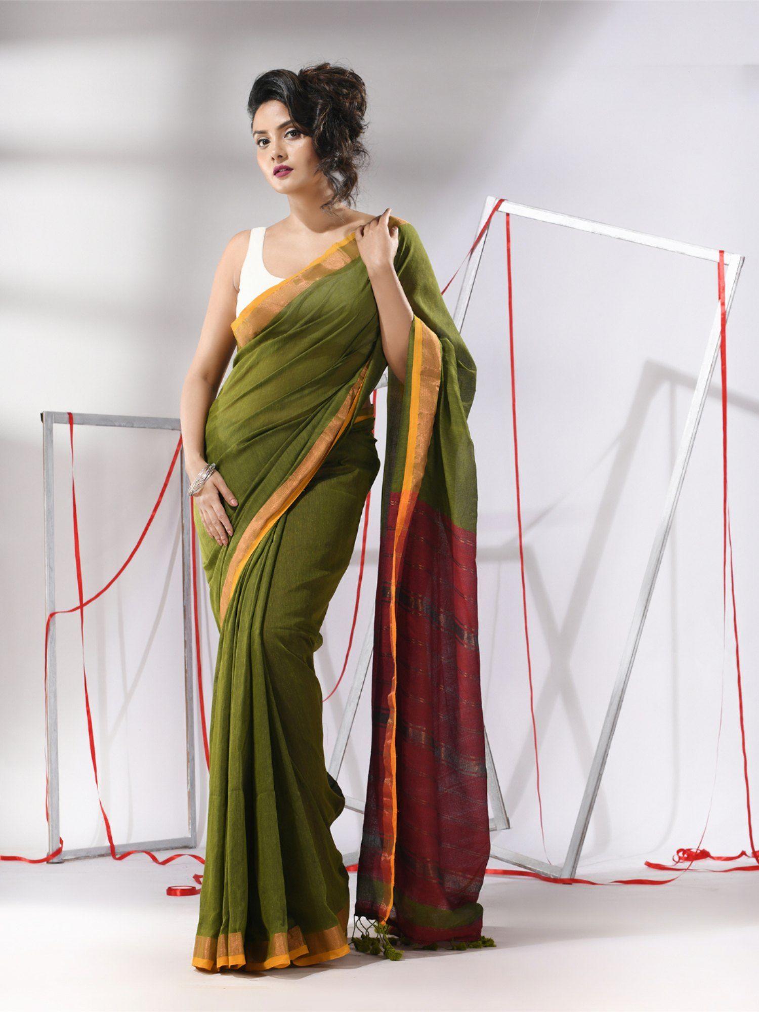 moss green cotton stripes zari pallu saree with unstitched blouse