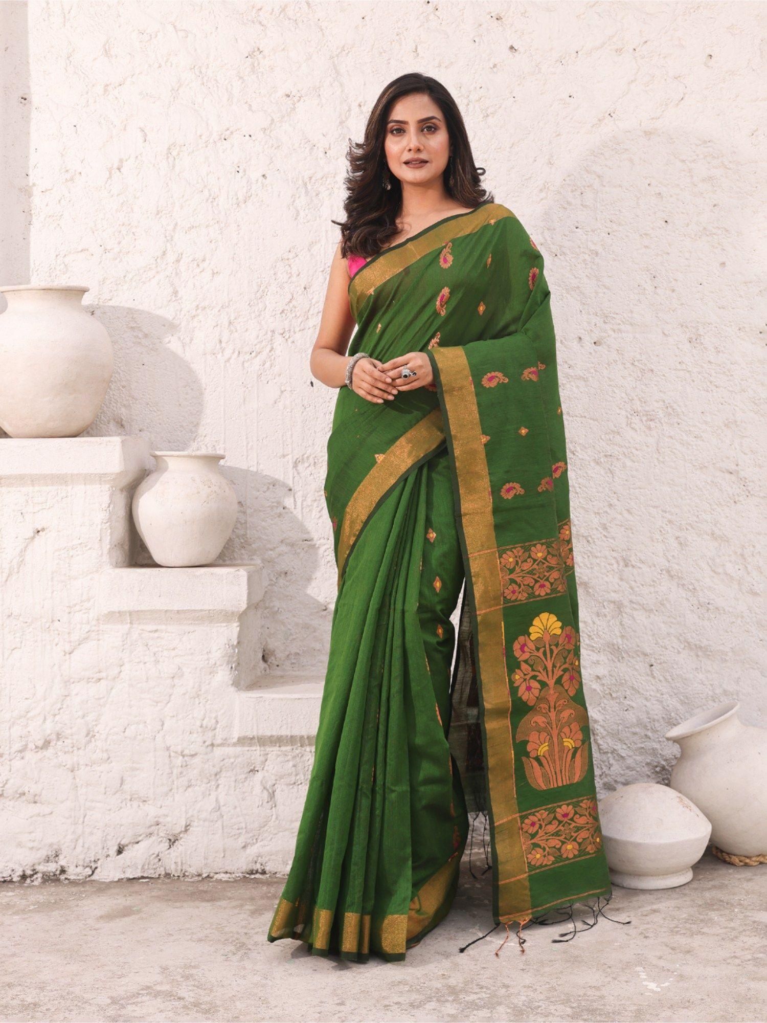 moss green cotton woven designs zari border saree with unstitched blouse